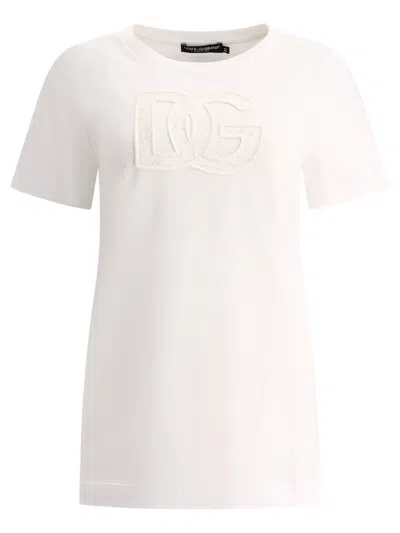 Dolce & Gabbana Dolce&gabbana White Crew Neck T Shirt With Logo Embroidery In Cotton In Neutral