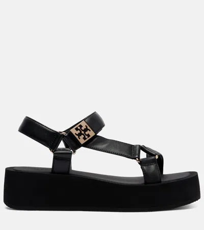Tory Burch Round Toe Leather Platform Sandals With Ankle Strap In Black