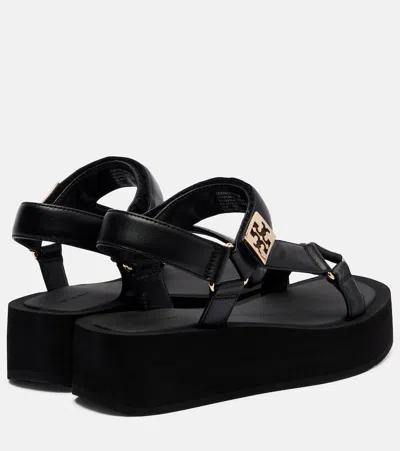 Tory Burch Round Toe Leather Platform Sandals With Ankle Strap In Black