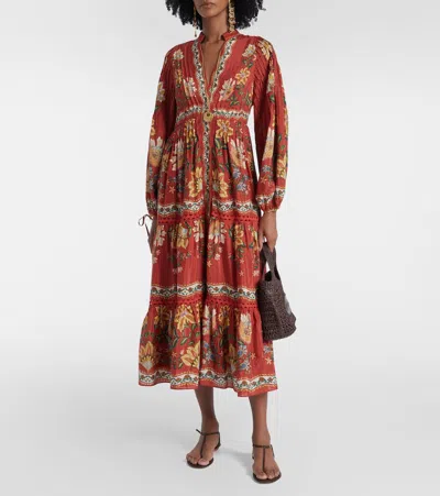 Farm Rio Red Garden Delight Long Sleeve Midi Dress | ModeSens