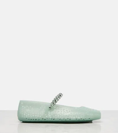 Jimmy Choo Light Green Jelly Ballet Flats With Crystal In Blue