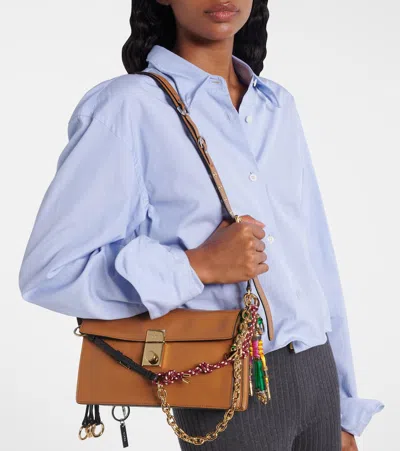 Prada Soft Sound Large Caramel Leather Bag With Charms In Brown