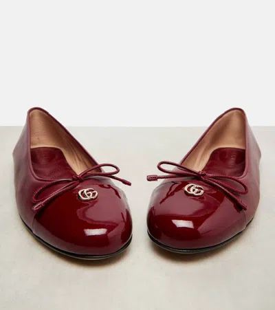Gucci Women Leather Ballerinas With Patent Leather Details In Burgundy
