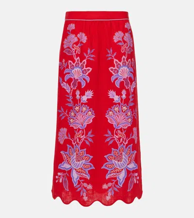 Farm Rio Porcelain Garden Embroidered Scallop-hem Midi Skirt In Multi