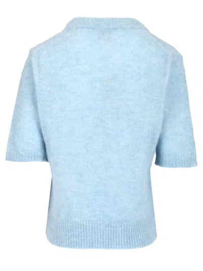 Ganni Light Blue Crewneck T-shirt With Maxi Logo Embroidery On The Front