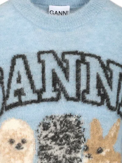 Ganni Light Blue Crewneck T-shirt With Maxi Logo Embroidery On The Front