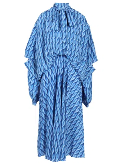 Balenciaga Blue Long Dress With All-over Print And Bow Closure In Fabric Woman In Blue