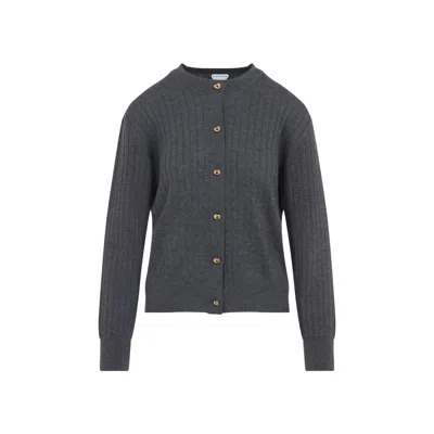 Bottega Veneta Grey Crewneck Cardigan With Knot Buttons Closure And Ribbed Knit In Wool Woman In Blue