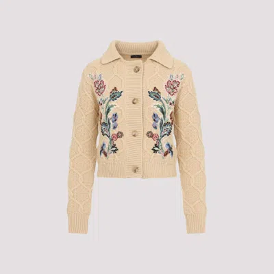 Etro Embroidered Cable-knit Wool And Cashmere-blend Cardigan In Neutral