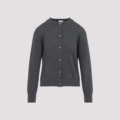 Bottega Veneta Grey Crewneck Cardigan With Knot Buttons Closure And Ribbed Knit In Wool Woman In Blue