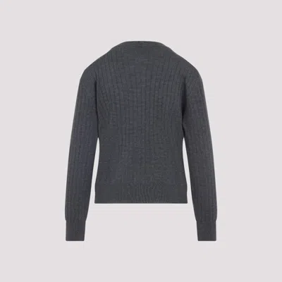 Bottega Veneta Grey Crewneck Cardigan With Knot Buttons Closure And Ribbed Knit In Wool Woman In Blue