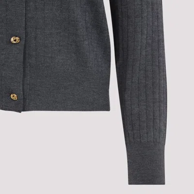 Bottega Veneta Grey Crewneck Cardigan With Knot Buttons Closure And Ribbed Knit In Wool Woman In Blue