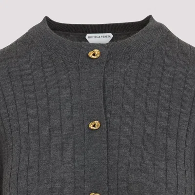 Bottega Veneta Grey Crewneck Cardigan With Knot Buttons Closure And Ribbed Knit In Wool Woman In Blue