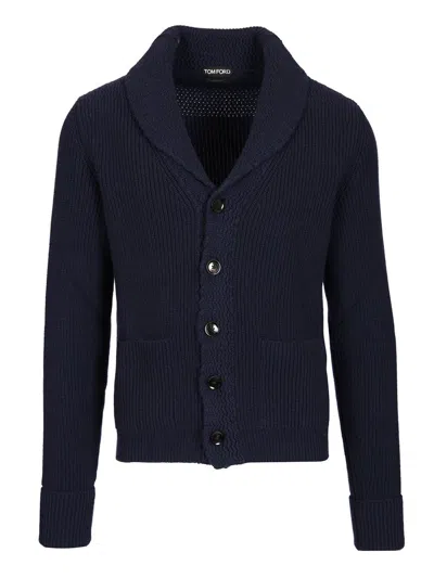 Tom Ford Silk Cardigan With Front Pockets And Shawl Collar In Blue