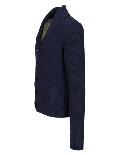 Tom Ford Silk Cardigan With Front Pockets And Shawl Collar In Blue