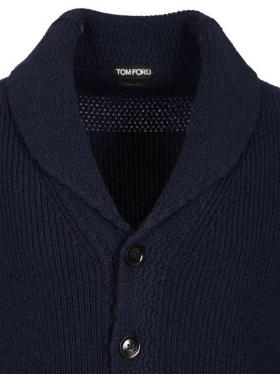 Tom Ford Silk Cardigan With Front Pockets And Shawl Collar In Blue