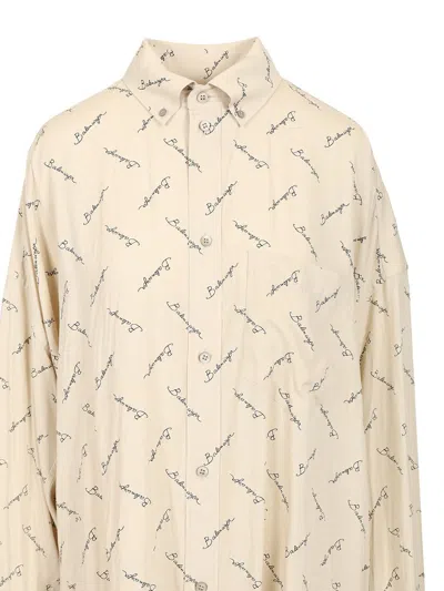 Balenciaga Beige Oversized Shirt With All-over Printed Logo In Viscose Woman