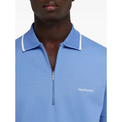 Ferragamo Cotton Polo Shirt With Zip Closure In Blue