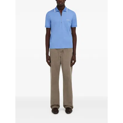 Ferragamo Cotton Polo Shirt With Zip Closure In Blue