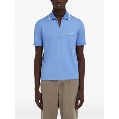 Ferragamo Cotton Polo Shirt With Zip Closure In Blue