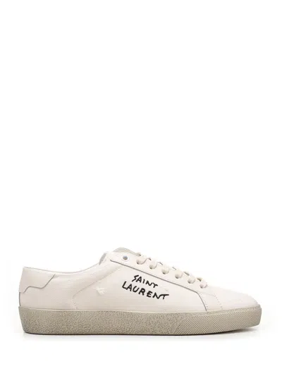 Saint Laurent Court Classic Distressed Logo-embroidered Canvas And Leather Sneakers In White