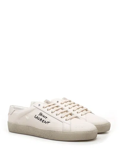Saint Laurent Court Classic Distressed Logo-embroidered Canvas And Leather Sneakers In White