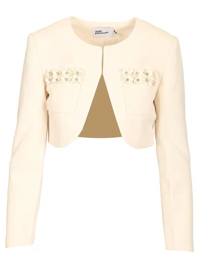 Self-portrait Cream Crepe 3d Sequin Jacket Dresses Beige In Neutral
