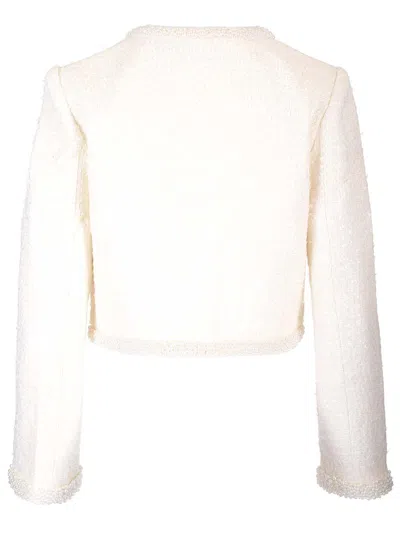 Self-portrait White Crewneck Jacket With Sequin And Faux-pearls Embellishments In Tech Fabric Woman In Neutral
