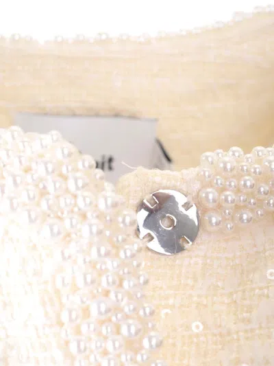 Self-portrait White Crewneck Jacket With Sequin And Faux-pearls Embellishments In Tech Fabric Woman In Neutral