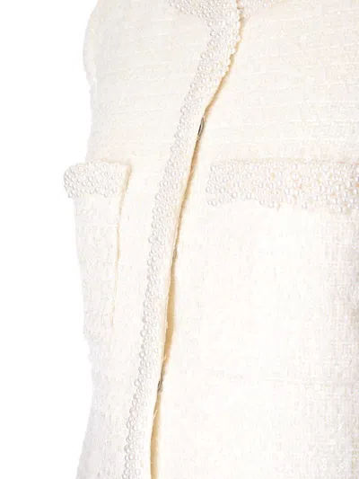 Self-portrait White Crewneck Jacket With Sequin And Faux-pearls Embellishments In Tech Fabric Woman In Neutral