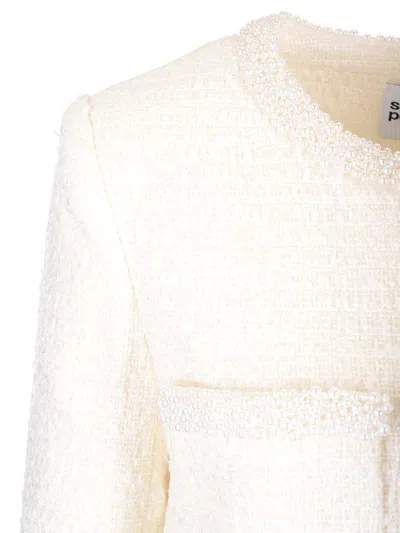 Self-portrait White Crewneck Jacket With Sequin And Faux-pearls Embellishments In Tech Fabric Woman In Neutral