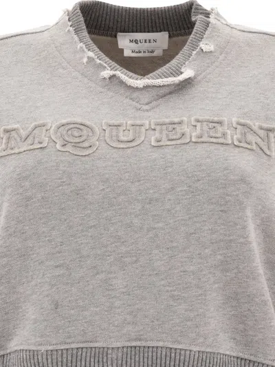 Alexander Mcqueen Cropped Sweatshirt With Mcqueen Logo Sweatshirts Grey In Gray