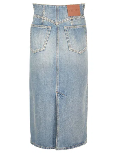 Alexander Mcqueen Blue Fold Over Waist Denim Midi Skirt