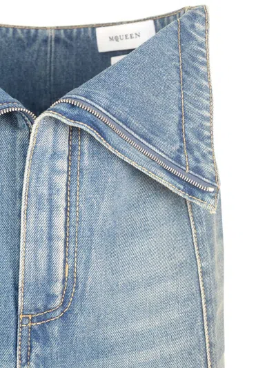 Alexander Mcqueen Blue Fold Over Waist Denim Midi Skirt