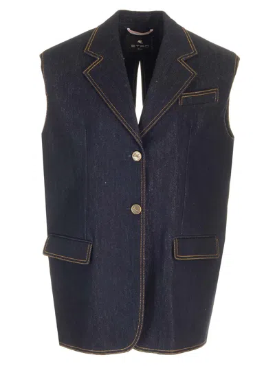 Etro Denim Waistcoat Jackets Blue In Black