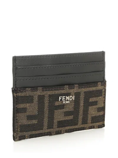 Fendi Brown Card-holder With Metal Lettering In Leather And Ff Canvas Man