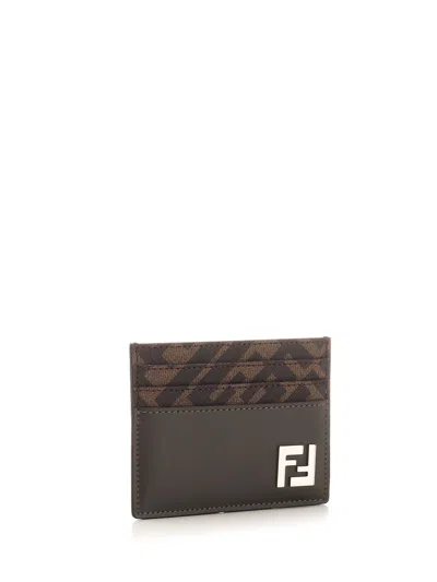 Fendi Brown Card-holder With Squared Ff Motif In Leather And Ff Canvas Man In Brown