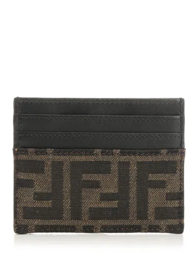 Fendi Brown Card-holder With Metal Lettering In Leather And Ff Canvas Man