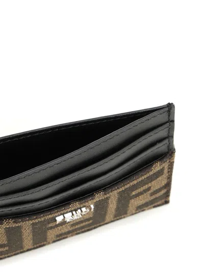 Fendi Brown Card-holder With Metal Lettering In Leather And Ff Canvas Man
