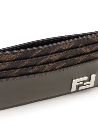 Fendi Brown Card-holder With Squared Ff Motif In Leather And Ff Canvas Man In Brown