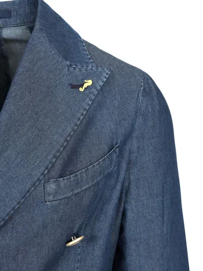 Guarinucci Double-breasted Blazer In Washed Denim Jackets Blue