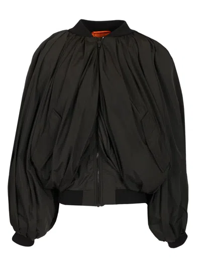 Balenciaga Black Bomber Draped Jacket With Elastic Rear Hem In Tech Fabric Woman