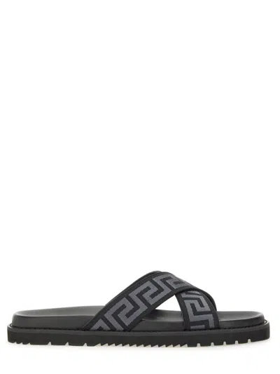 Versace Greca Jacquard Flat Slides In Black