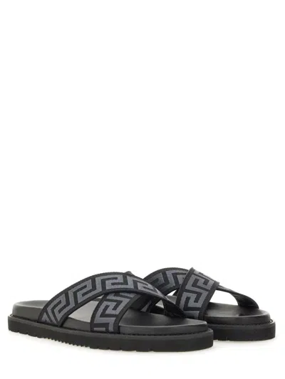 Versace Greca Jacquard Flat Slides In Black