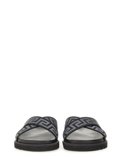 Versace Greca Jacquard Flat Slides In Black