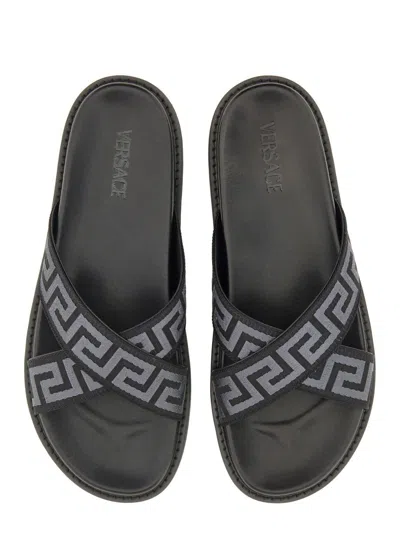 Versace Greca Jacquard Flat Slides In Black
