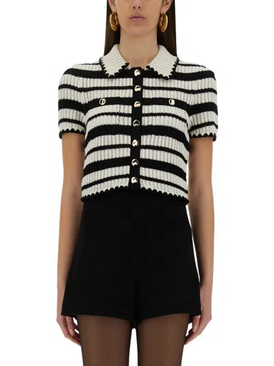 Self-portrait Cream And Black Striped Crochet Top Cream Black In Multi