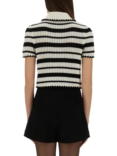 Self-portrait Cream And Black Striped Crochet Top Cream Black In Multi