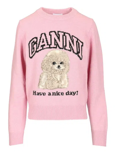Ganni Womens Chalk Pink Poodle Logo-motif Wool-blend Knit Jumper Xs In Pink