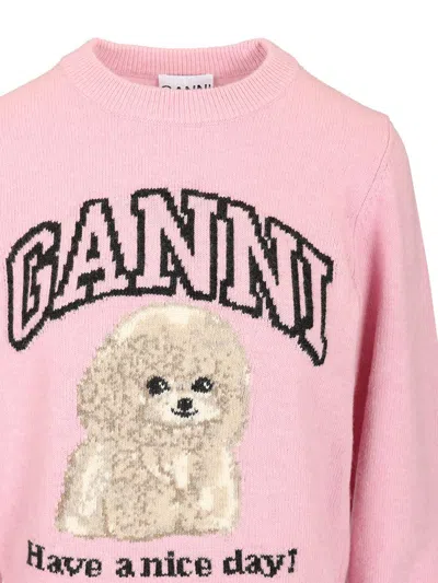 Ganni Womens Chalk Pink Poodle Logo-motif Wool-blend Knit Jumper Xs In Pink